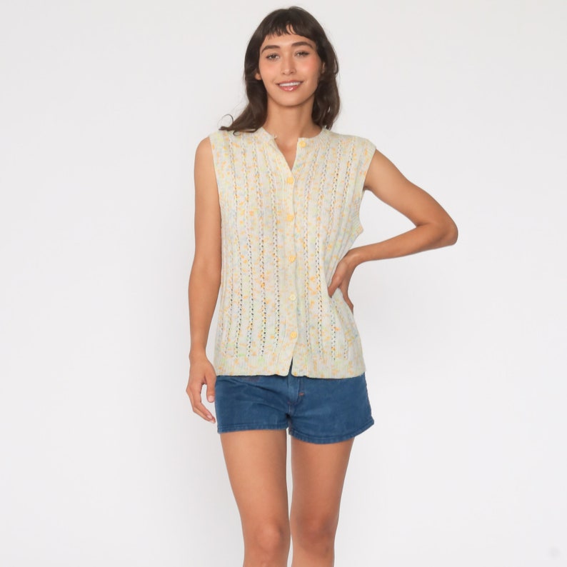 Flecked Sweater Vest Top Confetti Button up Sweater 80s Boho Knit Hippie Top Vintage Pointelle Grandma Sweater Granny Sleeveless Small S