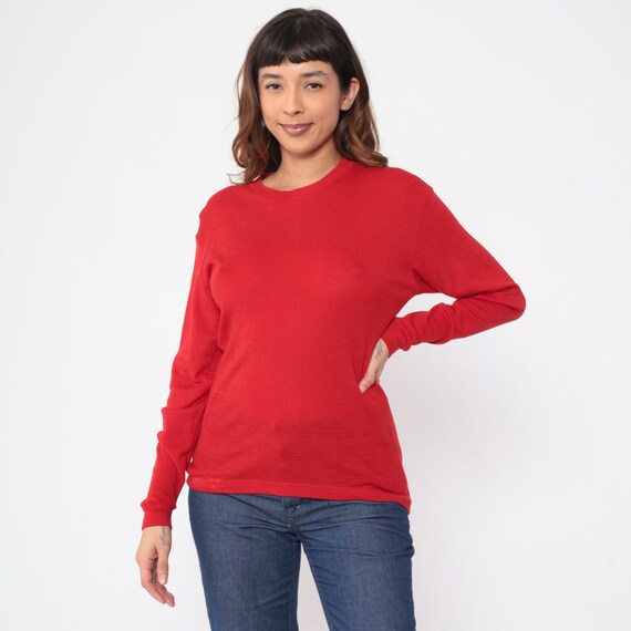 Vintage Thermal Shirt 80s Thin Red Wool Blend Undershirt Long Sleeve Shirt Plain Crewneck T Shirt Vintage Tshirt Medium