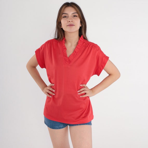 70s Red Blouse Ruffle V Neck Cap Sleeve Top Ruched Disco Shirt 1970s Plain Polyester Blouse Vintage V Neck Shirt Large L