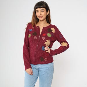 Fall Leaf Cardigan Crazy Horse Liz Claiborne Burgundy Knit Zip Up Appliqué Embroidered Sweater Speckled Textured Ramie Acrylic Cotton Small