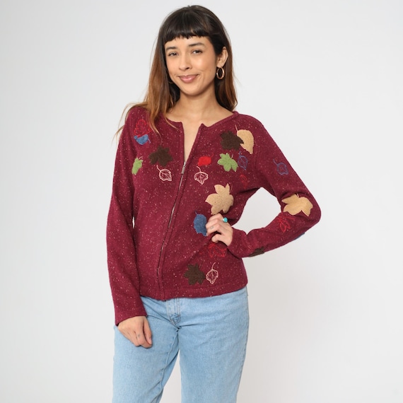 Fall Leaf Cardigan Crazy Horse Liz Claiborne Burgundy Knit Zip Up Appliqué Embroidered Sweater Speckled Textured Ramie Acrylic Cotton Small