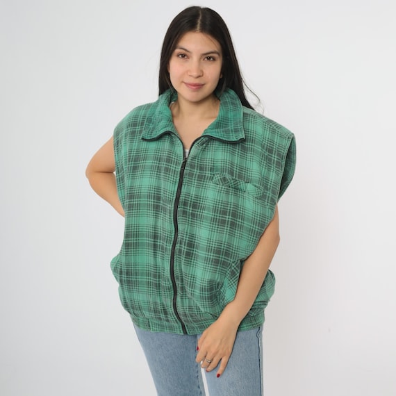 Green Plaid Vest 90s Northwest Territory Zip Up Sleeveless Jacket Vintage Grunge Flannel Tartan Outdoor Hiking Forest Unisex Large L