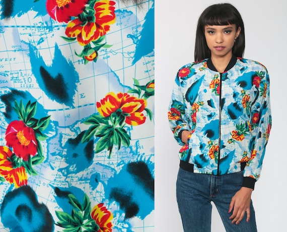 Floral Map Jacket 90s Windbreaker Jacket World Map 80s Retro Bomber Rose Print Boho Grunge Bohemian Vintage 1980s Retro Small Medium