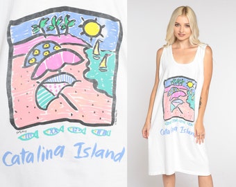 Catalina Island jurk jaren '90 tankjurk tropische vissen oceaan print tshirt jurk grafische strand cover-up witte vintage jaren 1990 klein medium groot