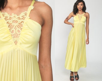 1970s Maxi Dress Yellow Pleated Grecian Gown 70s Deep V Neck Crochet Party Long Spaghetti Strap Vintage Flowing Disco Sexy Extra Small xs