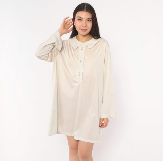 Embroidered Floral Nightgown 80s Cream Peter Pan Collar Sleep Shirt Lace Trim Long Sleeve Cottagecore Sleepwear Blush Rose Vintage Large L