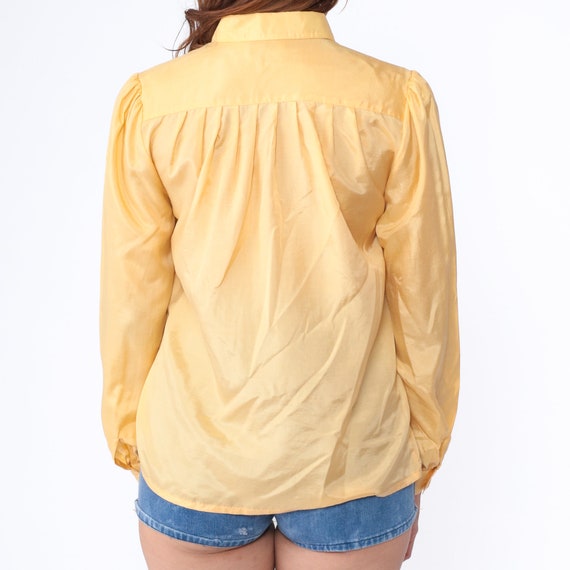 Yellow Silk Top Button Up Shirt 80s Puff Sleeve B… - image 5