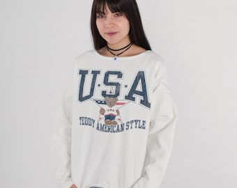 Teddy Bear Sweatshirt 90s USA Sweatshirt Teddy American Style Shirt Graphic Cute Vintage 1990s Slouchy Pullover White Star Medium Large
