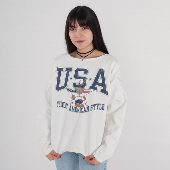 Teddy Bear Sweatshirt 90s USA Sweatshirt Teddy American Style Shirt Graphic Cute Vintage 1990s Slouchy Pullover White Star Medium Large