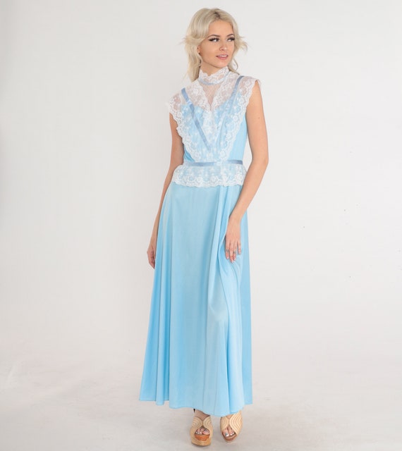 Vintage Blue Gown 70s Prom Dress White Lace Victo… - image 3