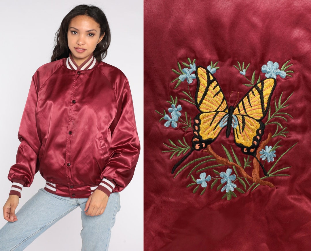 Satin Butterfly Jacket 80s Burgundy Bomber Jacket Quilted Etsy