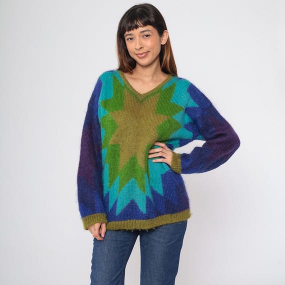 70s Geometric Knit Sweater Vintage Star Sweater V Neck Wool Acrylic Blend Colorful Starburst Design 1970s Fuzzy Jumper Purple Green Large L