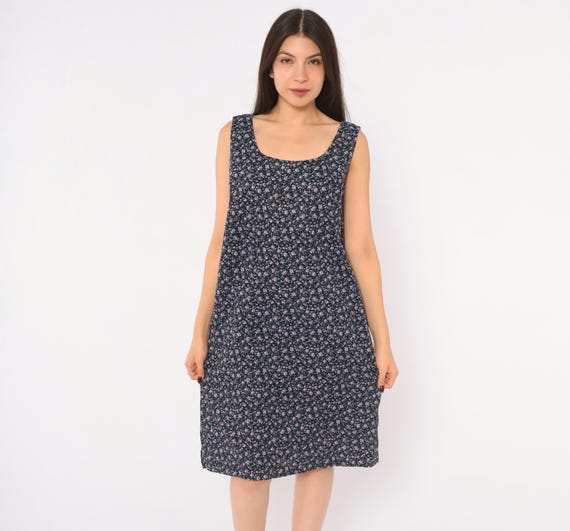 90s Ditsy Floral Dress Navy Purple Rose Print Sleeveless Cotton Tank Shift A Line Grunge Prairie Cottagecore Garden Party Sundress Small S