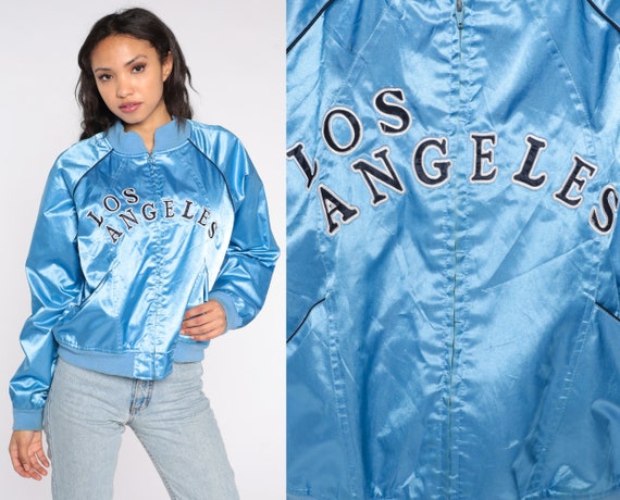 Baby blue satin bomber jacket top