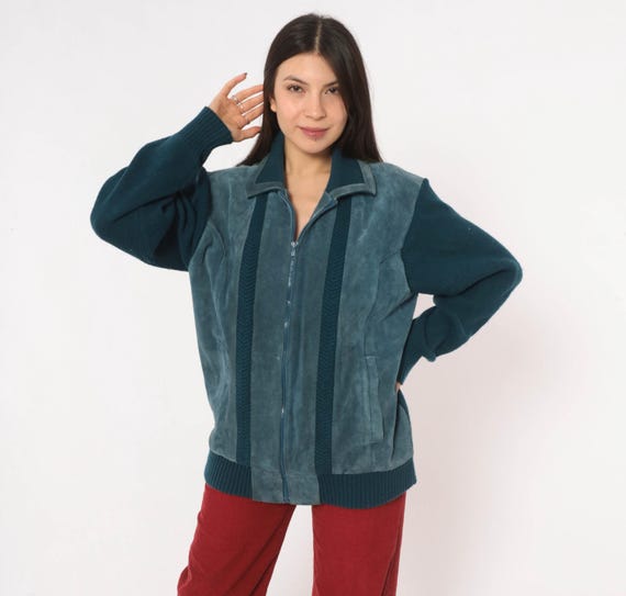 80s Blue Leather Cardigan Suede Knit Sweater Collared Long Sleeve Pockets Ribbed Grandpa Dark Academia Vintage Jacket Mens Womens Large L