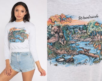 Woolrich Pennsylvania Sweatshirt 90s Bear Shirt Duck Squirrel Wolf Butterfly Graphic Animal Nature Cropped Sweater Vintage Extra Small XS