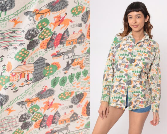 70s Whimsical Shirt Distressed Cotton Button Front Houses Trees Animals Nature Collared Long Sleeve Vintage Novelty\ Cottagecore Medium M