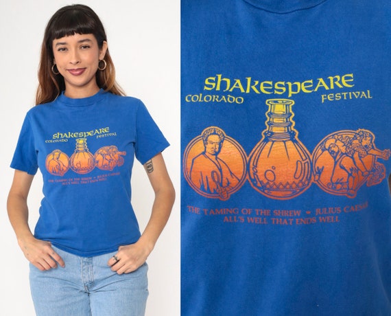Shakespeare Festival Shirt 80s Colorado Julius Caesar The Taming of the Shrew Retro Literary Graphic Vintage Blue T Shirt 1980s Tee Small S