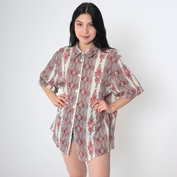 Paisley Floral Blouse 90s Button Up Shirt Red Pink Ornate Striped Print Short Sleeve Top Off-White Retro Vintage 1990s 1x Extra Large xl