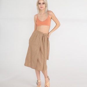 70s Wrap Skirt Tan Wool Midi Skirt High Waisted Plain Basic Summer Adjustable Simple Straight Cut Preppy Chic Vintage 1970s Medium Large image 2