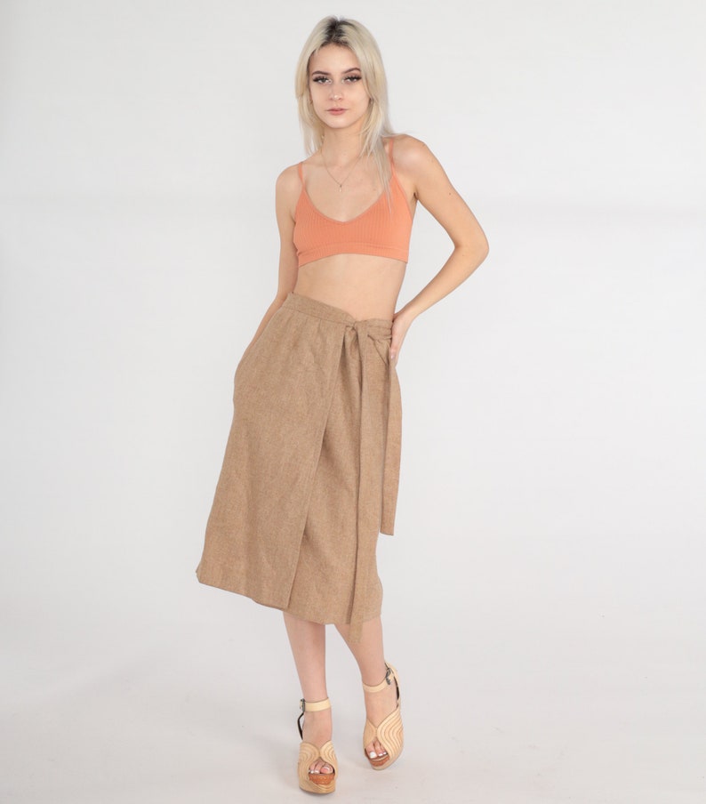 70s Wrap Skirt Tan Wool Midi Skirt High Waisted Plain Basic Summer Adjustable Simple Straight Cut Preppy Chic Vintage 1970s Medium Large image 2