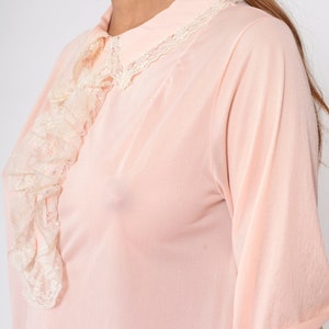Baby Pink Ruffle Blouse 70s Tuxedo Shirt Lace Ruffled Half Button Up Jabot Collar Top Secretary Victorian 3/4 Sleeve Vintage 1970s Small S image 7