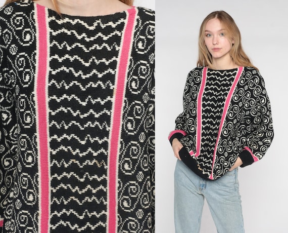 Black Statement Sweater 80s 90s Swirl Print Pink Striped Knit Sweater Boho Grunge Hipster Novelty Abstract Pullover Retro Vintage Small S