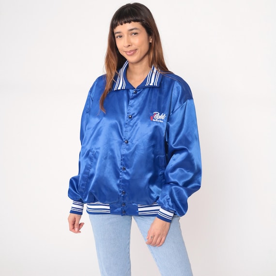 Blue Varsity Jacket 90s Bomber Baseball Windbreaker White Striped Ribbed Cuffs Collar Athletic Sportswear Team Style Royal Extra Large XL