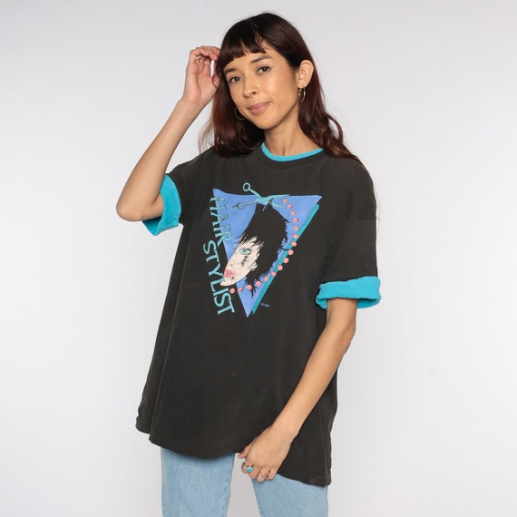 Hair Stylist Shirt 90s Black T Shirt Hairdresser Graphic Tee 80s Retro Distressed Tshirt 1990s  Vintage Hairstylist Black Extra Large XL