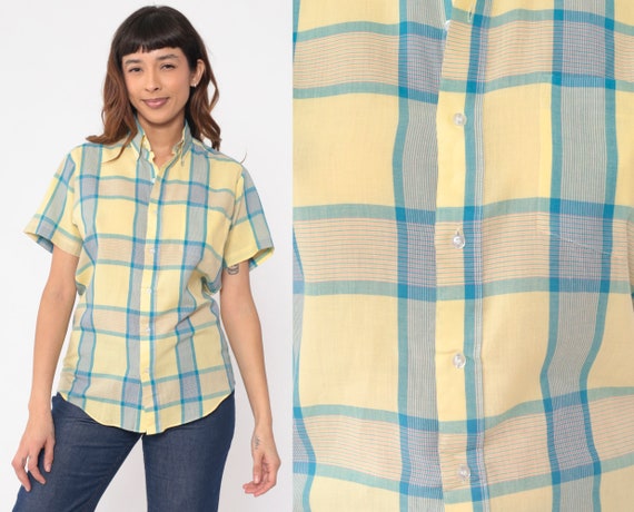 Yellow Plaid Shirt 80s Blue Checkered Button Up Shirt Retro Preppy Short Sleeve Collared Top Check Print Vintage 1980s Small S