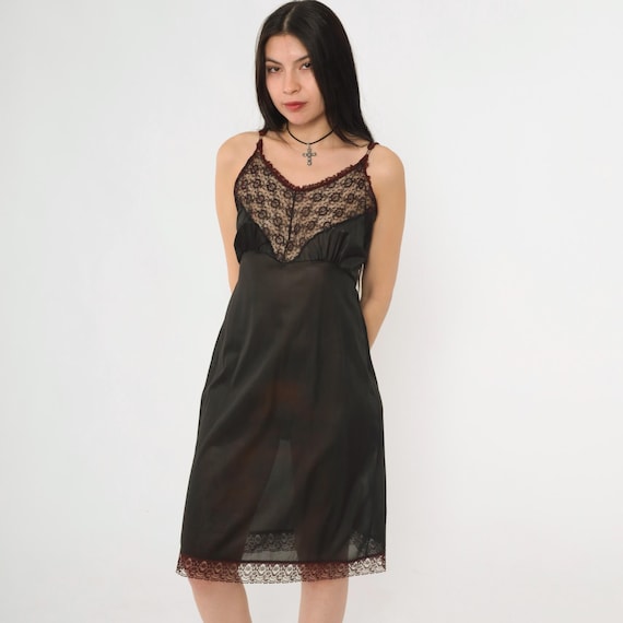Vintage Distressed Black Slip Dress 60s Midi Lace Sheer Lingerie 1960s V Neck Empire Waist Spaghetti Strap Gothic Medium 36