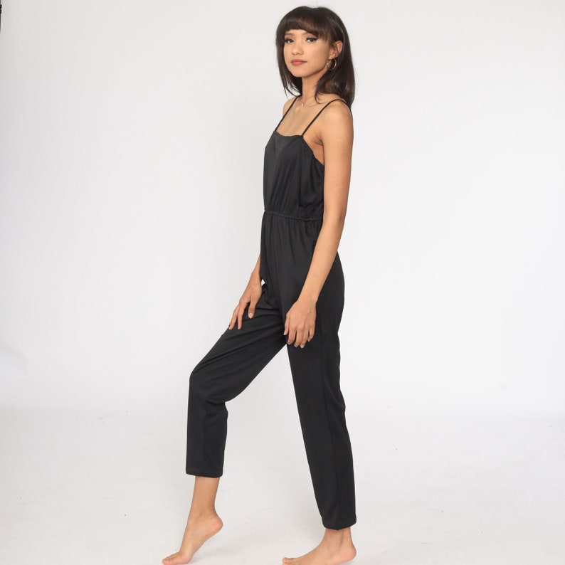 Black Disco Jumpsuit 70s Pantsuit Slim Skinny Pants Vintage Romper Pants 80s High Waisted Boho Spaghetti Strap Retro Small Medium