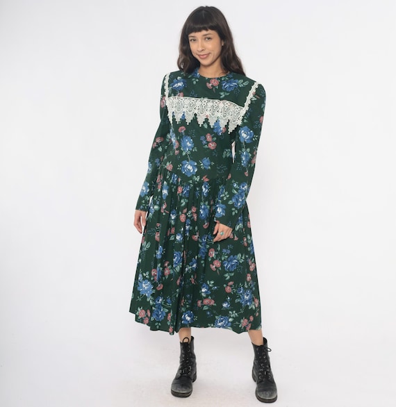 80s Prairie Gunne Sax Dress Forest Green Blue Floral Crochet Lace Cotton Jessica McClintock Cottagecore Dark Fairycore Victorian Medium M