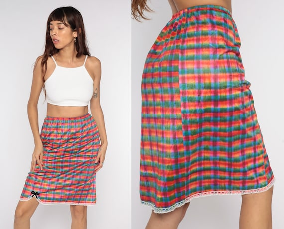 Half Slip Skirt Lingerie Skirt 70s Midi Nylon Checkered Slip Plaid Pinup Boho Hippie 1970s Vintage Lace Bow Green Pink Red Medium