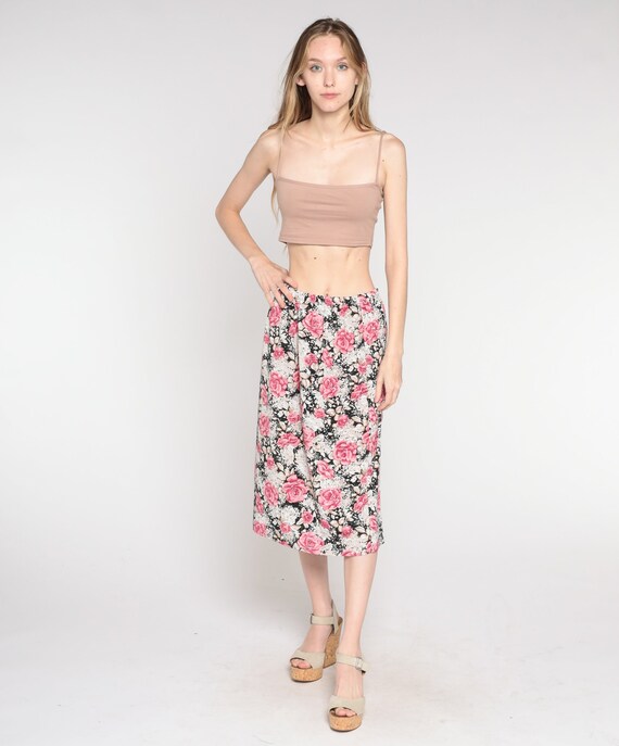 Vintage Floral Midi Skirt 90s Pink Black Summer Skirt Boho Print HIGH WAISTED 1990s Long Hippie Festival Casual Rayon Small Medium