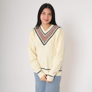 80s Cable Knit Sweater Cream Jantzen V Neck Sweater Fair Isle Knit Boho Pullover Cableknit 1980s Jumper Vintage Acrylic Medium