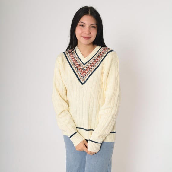 80s Cable Knit Sweater Cream Jantzen V Neck Sweater Fair Isle Knit Boho Pullover Cableknit 1980s Jumper Vintage Acrylic Medium