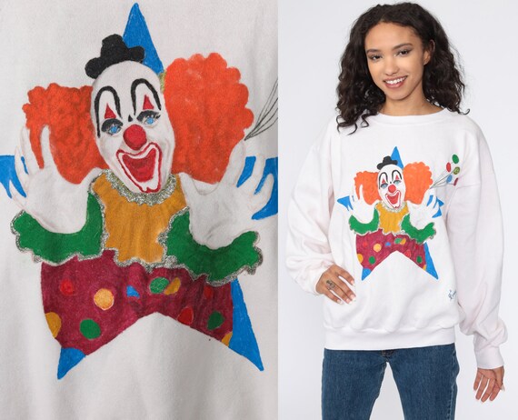 80s Clown Sweatshirt Hand Painted Sweatshirt Graphic Kidcore Creepy Clown Retro Halloween Circus Shirt Pullover Vintage 90s Extra Large xl