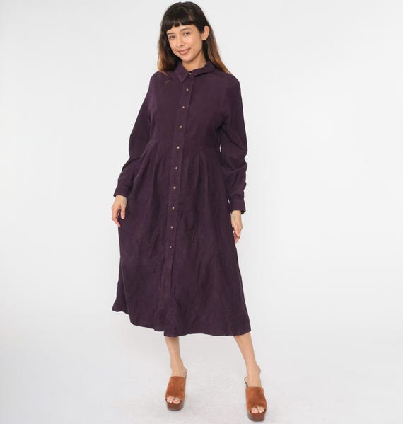 Vintage Purple Corduroy Dress 90s Midi Button Up Dress High Waisted Long Sleeve Pocket Retro Basic Plain Modest 1990s Large 12