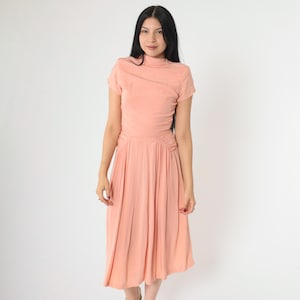 Vintage 1940s Peach Party Dress Scalloped Bodice WWII Formal Ruched Waist Short Sleeve Midi Length Elegant Eveningwear 40s Extra Small xs