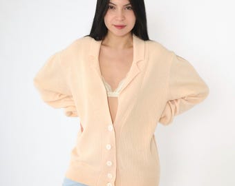 Vintage Peach Wool Angora Cardigan 80s Deep V Neck Sweater Soft Fuzzy Button Up Retro 1980s Pastel Ribbed Oversized Medium