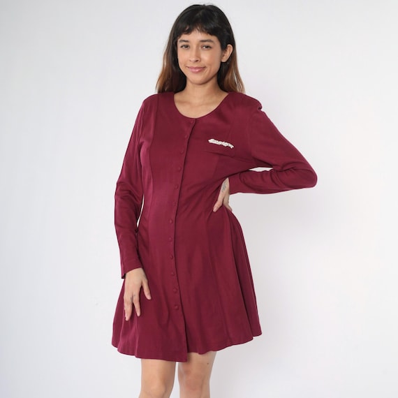 Vintage 90s Burgundy Mini Dress Long Sleeve Button Down Fit Flare Scoop Neck Tie Back Lace Trim Pocket Shirtdress 1990s High Waist Medium M