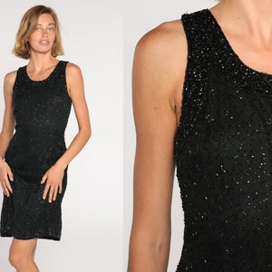 Black Beaded Dress 90s Silk Mini Dress Party Formal Retro Glam Pencil Wiggle Chic Sleeveless Sheath Cocktail Sparkly Vintage 1990s Medium M