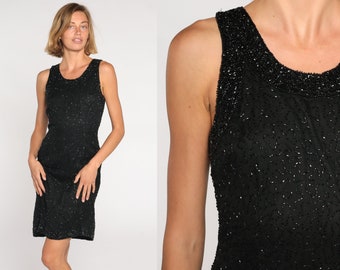 Black Beaded Dress 90s Silk Mini Dress Party Formal Retro Glam Pencil Wiggle Chic Sleeveless Sheath Cocktail Sparkly Vintage 1990s Medium M