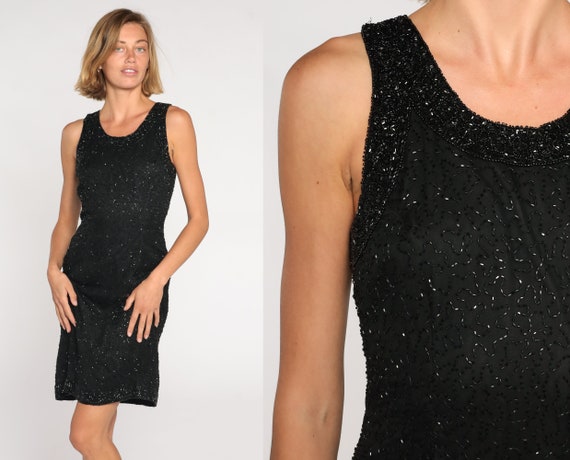 Black Beaded Dress 90s Silk Mini Dress Party Formal Retro Glam Pencil Wiggle Chic Sleeveless Sheath Cocktail Sparkly Vintage 1990s Medium M