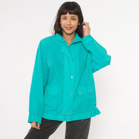 Teal Windbreaker Jacket 90s Turquoise Aqua Coat Lightweight Shell Relaxed Fit Front Patch Pocket Collar Vintage Outdoors Gorpcore Large L