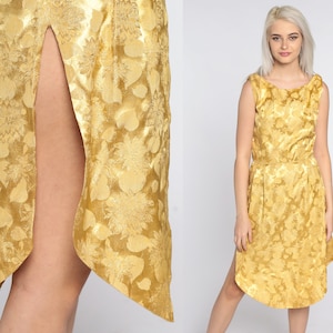 Gold Brocade Dress 1960s Party Dress Metallic Mod Midi Floral Cocktail High Slit Going Out Dress 60s Sleeveless Vintage Formal Prom Small 4