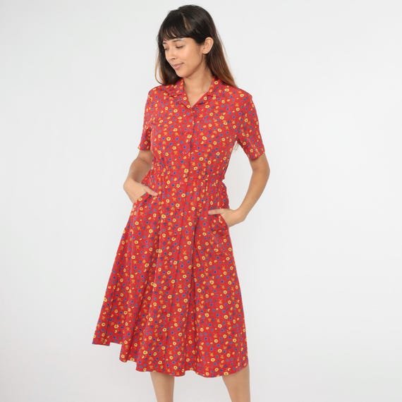 90s Red Floral Dress Button Up Shirtdress Boho Midi 1990s Short Sleeve High Elastic Waist Bohemian Primary Color Blue Yellow Pocket 4 Small