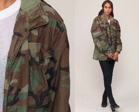 Camo Jacket Camouflage Jacket Military Patch Olive Drab Grunge 80s Commando Cargo Field Vintage Hipster Goth Large