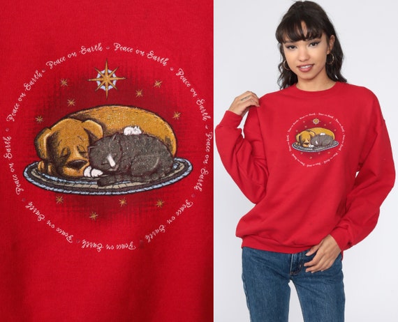 Cat Dog Sweatshirt Peace On Earth Kitten Puppy Sweater 80s Animal Sweatshirt Red Vintage 90s Graphic Sweater Retro Kawaii Medium Large